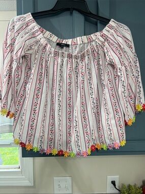 Very J White and Pink Striped Peasant Top with Multicolor Floral Trim